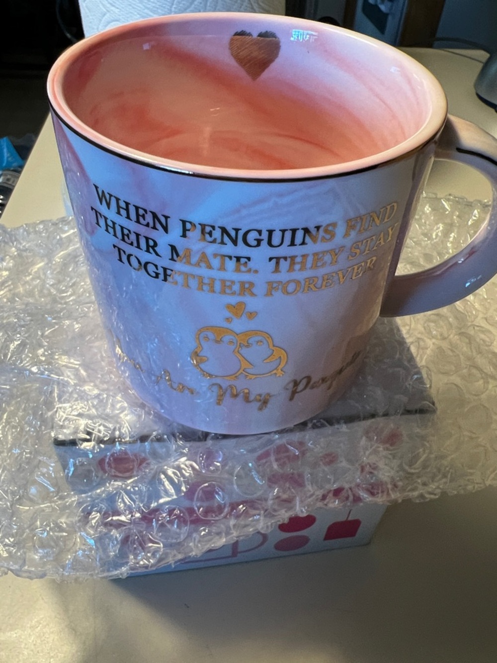 Pink Ceramic Penguin Mug with Gold Accents - Romantic Quote